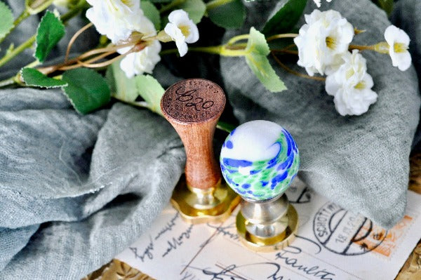 OOAK Glass Ball Wax Seal Handle | Blue & Green on White - Backtozero B20 - ball, Blue, glass, Green, handle