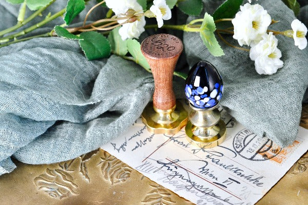 OOAK Glass Egg Wax Seal Handle | Blue with Blue & White Dots - Backtozero B20 - ball, Blue, easter, egg, glass, handle