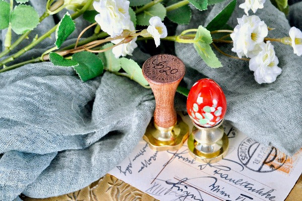 OOAK Glass Egg Wax Seal Handle | Red with Green & White Dots - Backtozero B20 - ball, easter, egg, glass, Green, handle