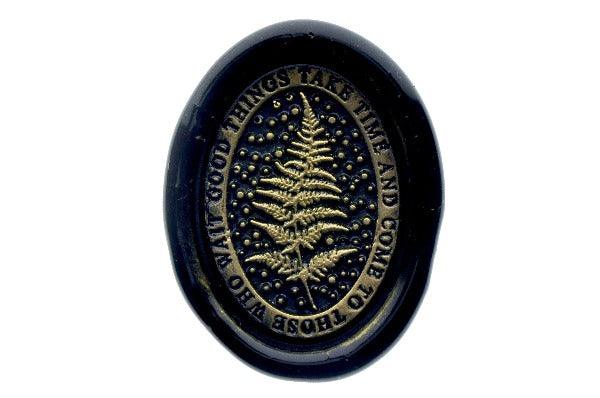 Starry Message Wax Seal Stamp | Fern | Patience - Backtozero B20 - black, botanic, Botanical, Come to those who wait, dot, dots, fern, gold, gold dust, gold powder, Good things take time, Leaf, Leafs, Leaves, message, Nature, newarrivals, oval, Plant, plants, Signature, signaturehandle, star, starry, Stars