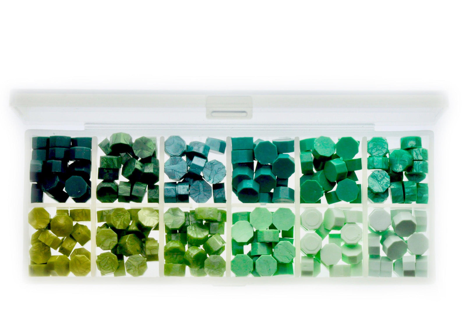 Octagon Sealing Wax Beads Palette | Shades of Green - Backtozero B20 - green, octagon bead, palette, sealing wax, Wax Beads