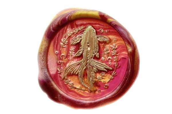 Golden Fish Wax Seal Stamp Designed by Vintage Paper Garden - Backtozero B20 - 2level, collaboration, deep red, fish, gold, goldfish, hana, hana t, koi, marble, marble wax, Metallic, mixed wax, pearlized, salmon, Signature, signaturehandle