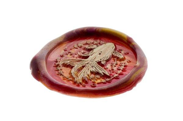 Golden Fish Wax Seal Stamp Designed by Vintage Paper Garden - Backtozero B20 - 2level, collaboration, deep red, fish, gold, goldfish, hana, hana t, koi, marble, marble wax, Metallic, mixed wax, pearlized, salmon, Signature, signaturehandle