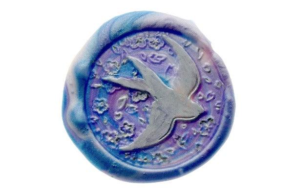 Spring With Swallow Wax Seal Stamp Designed by Vintage Paper Garden - Backtozero B20 - 2level, bird, collaboration, Flower, flowers, hana, hana t, marble, marble wax, metalli purple, Metallic, metallic sky blue, mixed wax, Purple, sakura, Signature, signaturehandle, silver, swallow