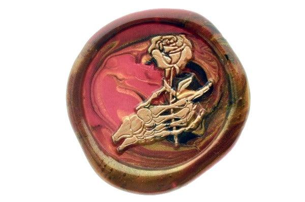 'Til Death Do Us Part Wax Seal Stamp - Backtozero B20 - black, blossom, bone, Botanical, dark red, deep red, floral, Flower, gold, hand, hand gesture, marble, marble wax, mixed wax, Nature, rose, Signature, signaturehandle, skeleton