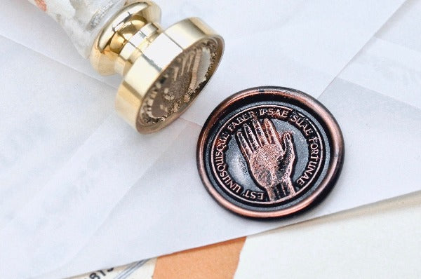 Palm of Hand Latin Motto Wax Seal Stamp | S - Backtozero B20 - antique, destiny, fortune, latin, latin motto, Message, Retro, Signature, signaturehandle