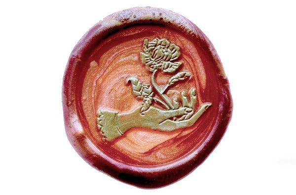 'Til We Meet Again Wax Seal Stamp - Backtozero B20 - blossom, Botanical, dark red, deep red, floral, Flower, gold, hand, hand gesture, marble, marble wax, mixed wax, Nature, rose, salmon, Signature, signaturehandle