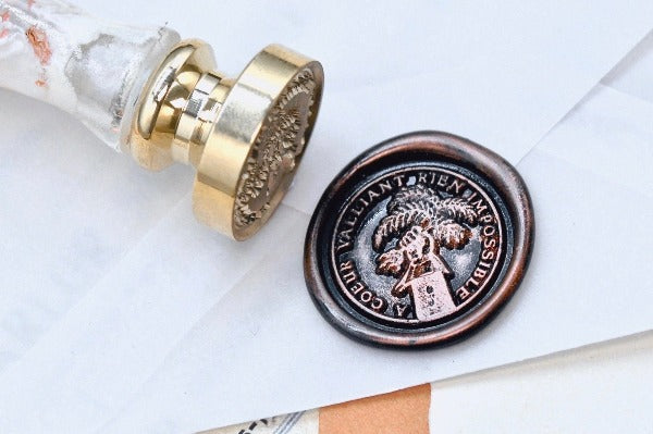 Hand Holding Plant Latin Motto Wax Seal Stamp | S - Backtozero B20 - antique, botanic, Botanical, courage, goal, hand, latin, latin motto, Plant, possible, Retro, root, Signature, signaturehandle