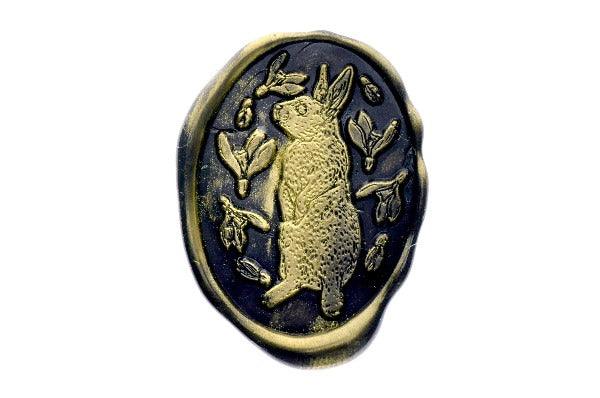 Hare & Flowers Wax Seal Stamp - Backtozero B20 - black, botanic, Botanical, bunny, gold, gold dust, gold powder, hare, newarrivals, oval, rabbit, Signature, signaturehandle, snowdrop, spring