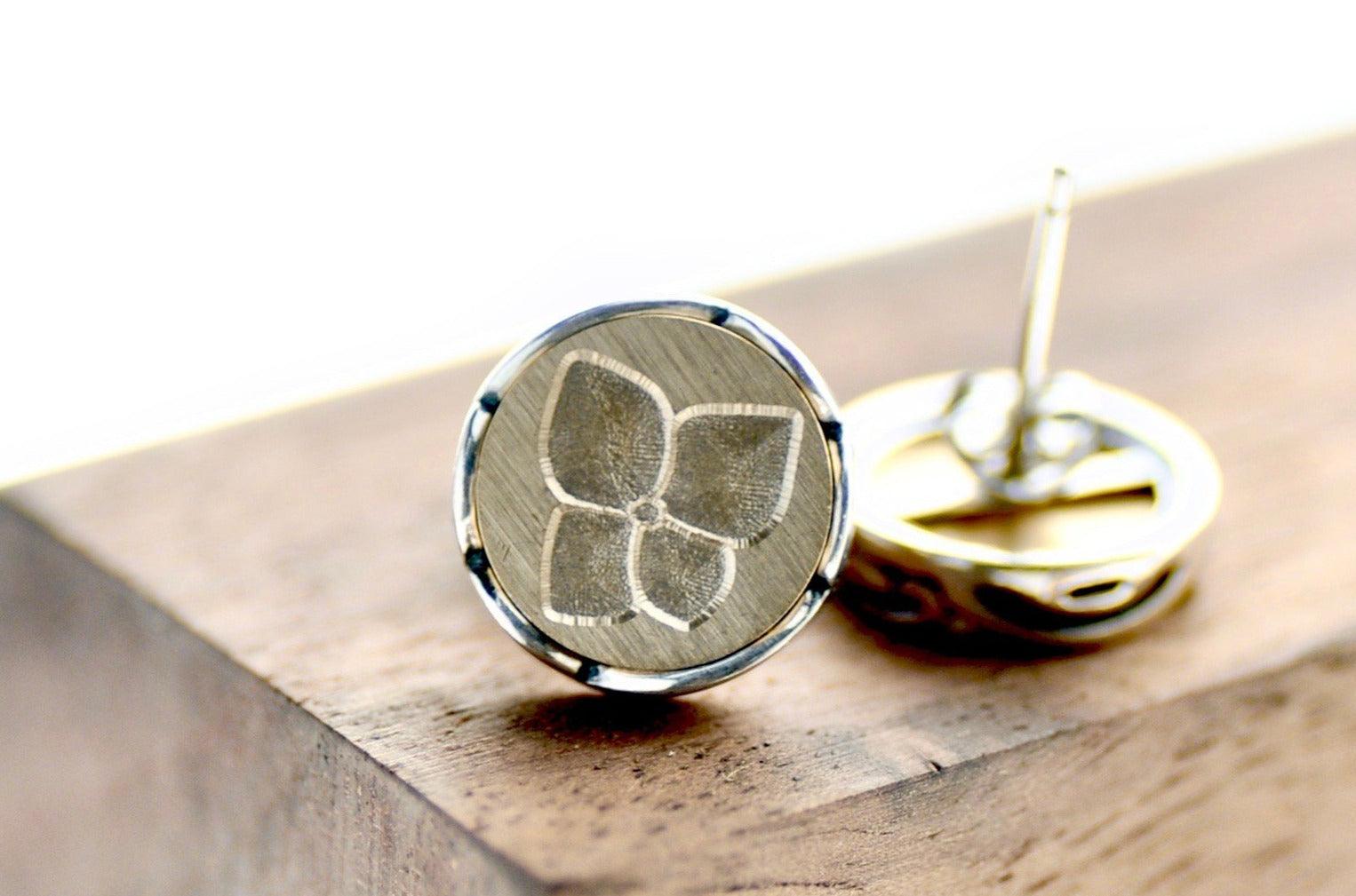 Hydrangea Scalloped Signet Earrings Designed by Petra - Backtozero B20 - brass, collaboration, earrings, floral, Flower, petra, scalloped earrings, scallopedearrings, signet, silver, stud, stud earrings