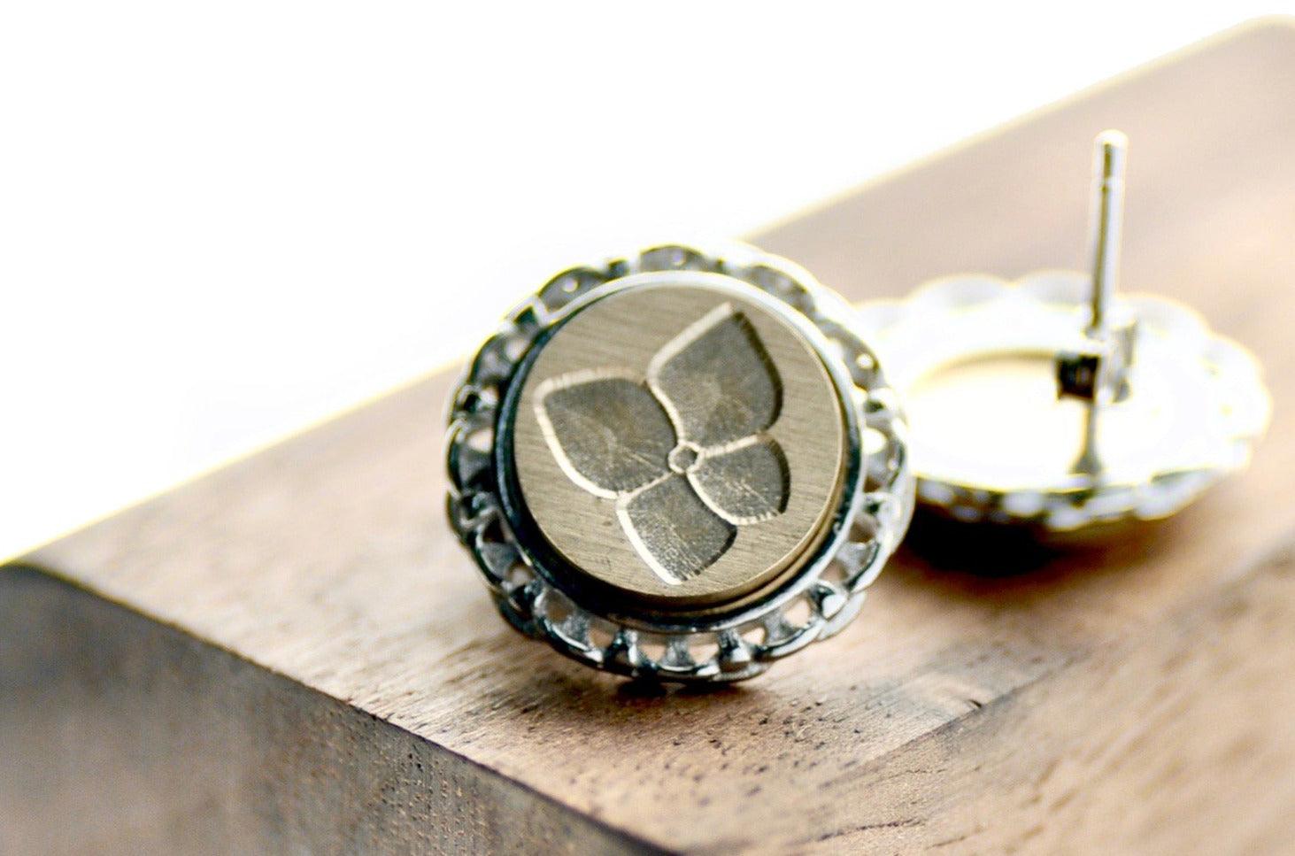 Hydrangea Lace Signet Earrings Designed by Petra - Backtozero B20 - brass, collaboration, earrings, Flower, flowers, lace, lace earrings, laceearrings, petra, signet, silver, stud, stud earrings