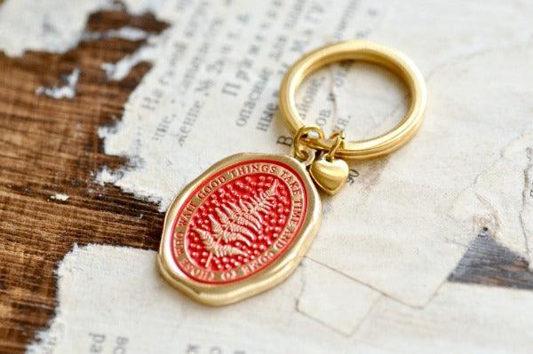 Message Wax Seal Keychain | Fern | Patience - Backtozero B20 - botanic, Botanical, Come to those who wait, enamel, enamel keychain, fern, Good things take time, heart, her, keychain, lapel, metal, Nature, newarrivals, Plant, plants, Red, soft enamel, starry, wax seal