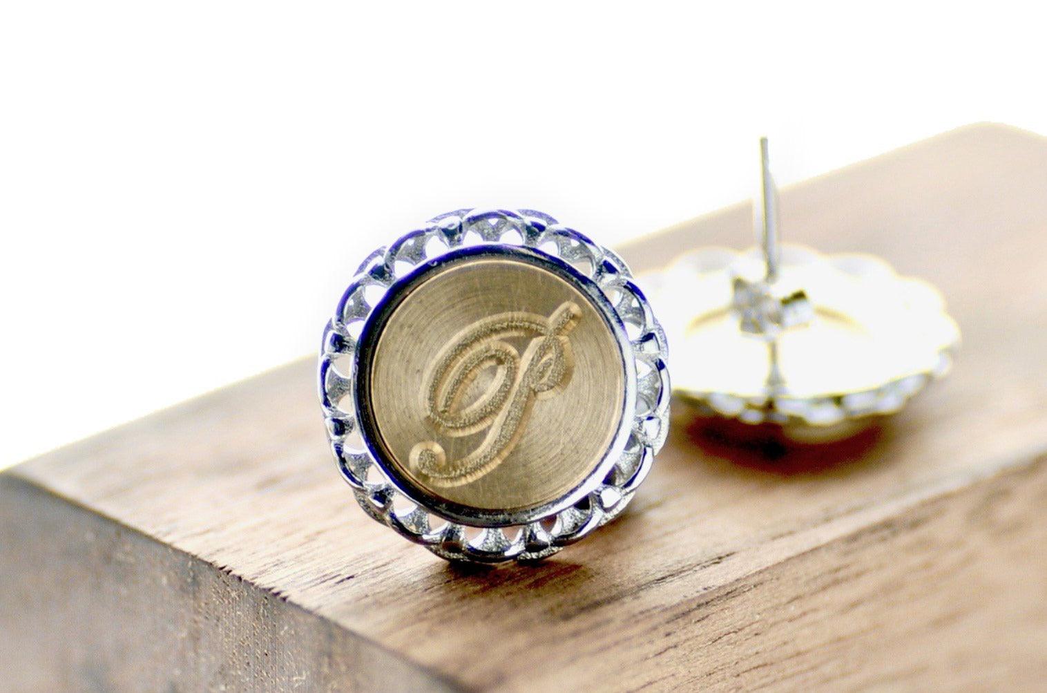 Script Initial Lace Signet Earrings - Backtozero B20 - 1 initial, 1initial, brass, custom, earrings, lace, lace earrings, laceearrings, One Initial, personalized, signet, silver, stud, stud earrings