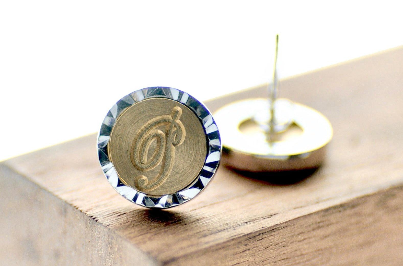 Script Initial Geo Signet Earrings - Backtozero B20 - 1 initial, 1initial, brass, custom, earrings, geo, geoearrings, One Initial, personalized, signet, silver, stud, stud earrings