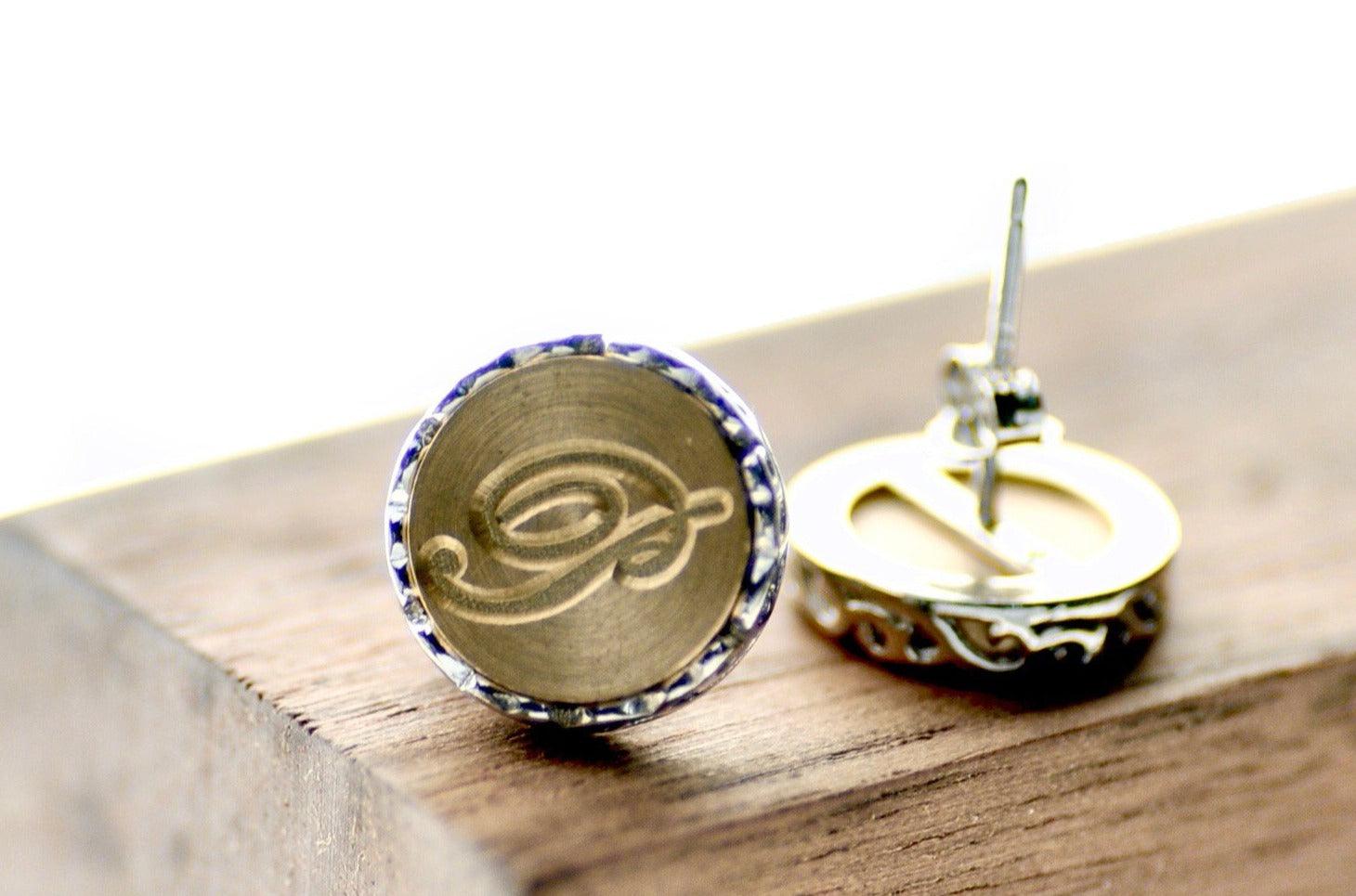 Script Initial Filigree Signet Earrings - Backtozero B20 - 1 initial, 1initial, brass, custom, earrings, Filigree, filigree earrings, filigreeearrings, One Initial, personalized, signet, silver, stud, stud earrings