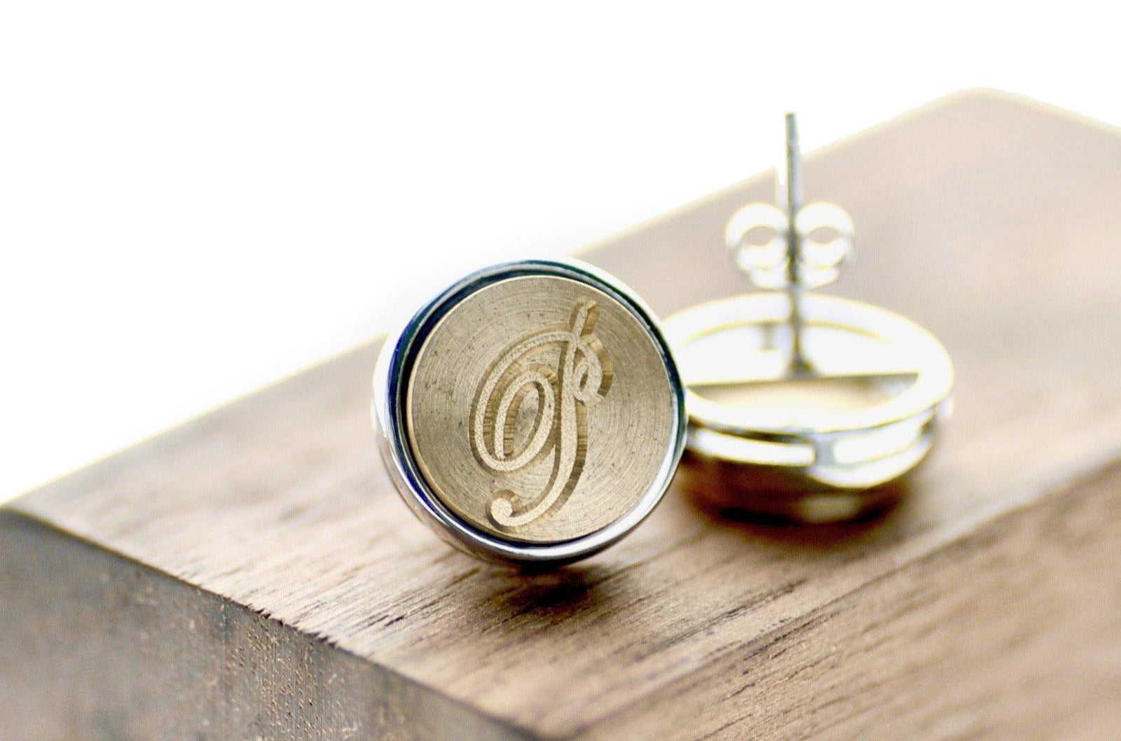 Script Initial Minimal Signet Earrings - Backtozero B20 - 1 initial, 1initial, brass, custom, earrings, minimal, minimal earrings, minimalearrings, One Initial, personalized, signet, silver, stud, stud earrings