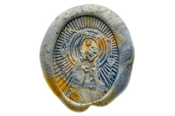 Starburst Zodiac Libra Wax Seal Stamp - Backtozero B20 - light gold, marble, marble wax, Metallic Blue, nature, oval, Signature, signaturehandle, Silver, starburst, zodiac