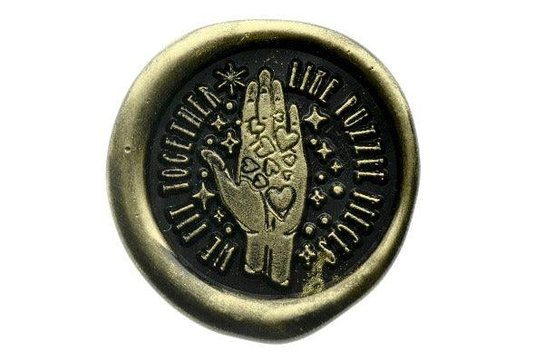 We Fit Together Like Puzzle Pieces Wax Seal Stamp - Backtozero B20 - black, gold, gold dust, gold powder, hand, hand gesture, heart, message, moment, moon, puzzle, Signature, signaturehandle, star, stars, words