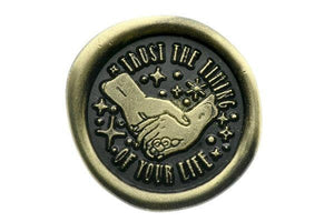 Trust the Timing of Your Life Wax Seal Stamp - Backtozero B20 - black, gold, gold dust, gold powder, hand, hand gesture, heart, message, moment, moon, puzzle, Signature, signaturehandle, star, stars, words