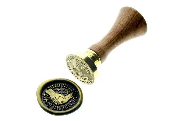 Trust the Timing of Your Life Wax Seal Stamp - Backtozero B20 - black, gold, gold dust, gold powder, hand, hand gesture, heart, message, moment, moon, puzzle, Signature, signaturehandle, star, stars, words