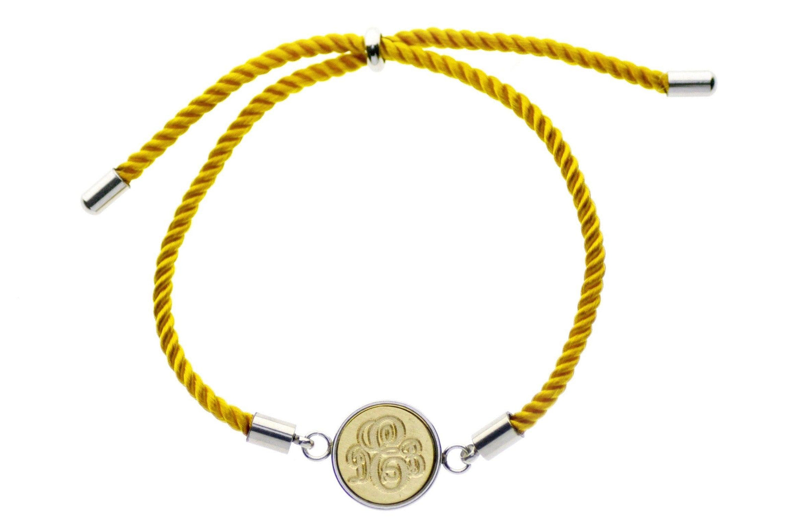 Triple Initials Monogram Signet Bracelet - Backtozero B20 - 10mm, 12mm, 3 initials, 3initials, adjustable, bracelet, brass, cord, cord bracelet, Custom, minimal, monogram, Personalized, signet, signet bracelet, stainless steel, Triple Initials, twist cord, yellow