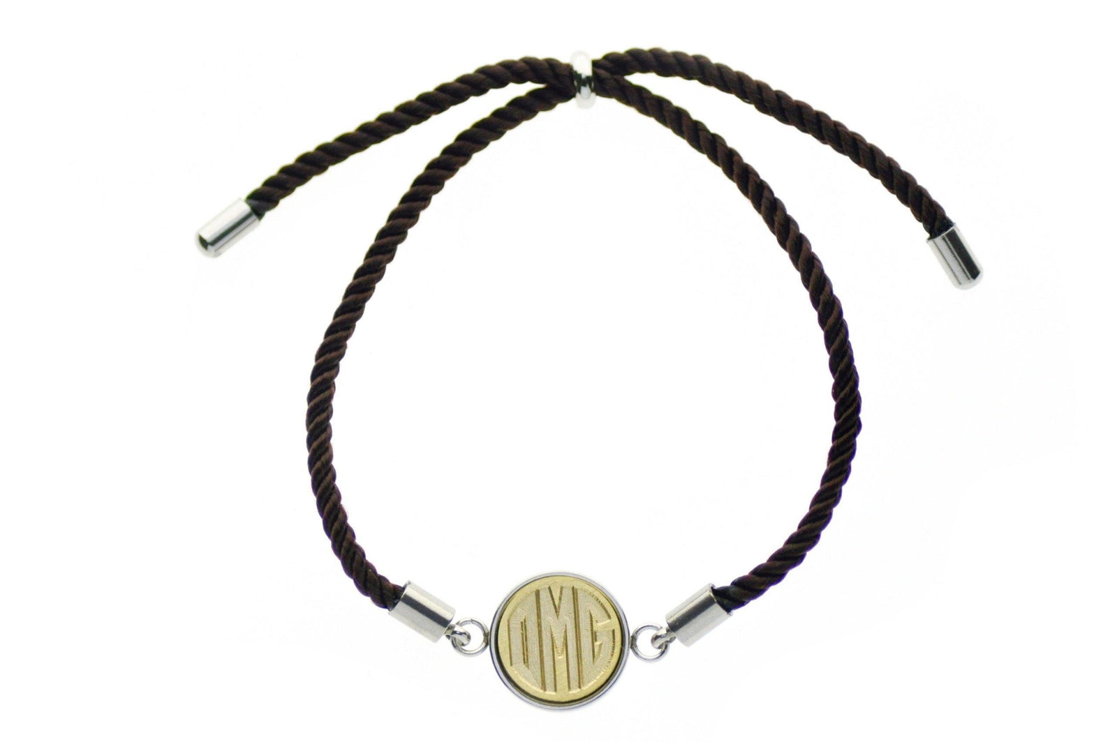 Triple Initials Monogram Signet Bracelet - Backtozero B20 - 10mm, 12mm, 3 initials, 3initials, adjustable, bracelet, brass, brown, cord, cord bracelet, Custom, minimal, monogram, Personalized, signet, signet bracelet, stainless steel, Triple Initials, twist cord