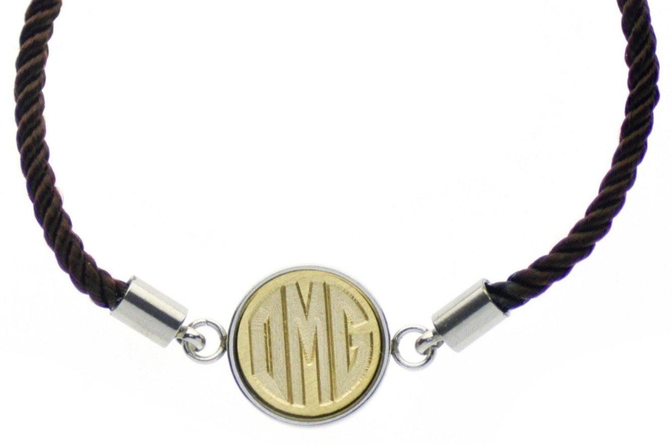 Triple Initials Monogram Signet Bracelet - Backtozero B20 - 10mm, 12mm, 3 initials, 3initials, adjustable, bracelet, brass, brown, cord, cord bracelet, Custom, minimal, monogram, Personalized, signet, signet bracelet, stainless steel, Triple Initials, twist cord