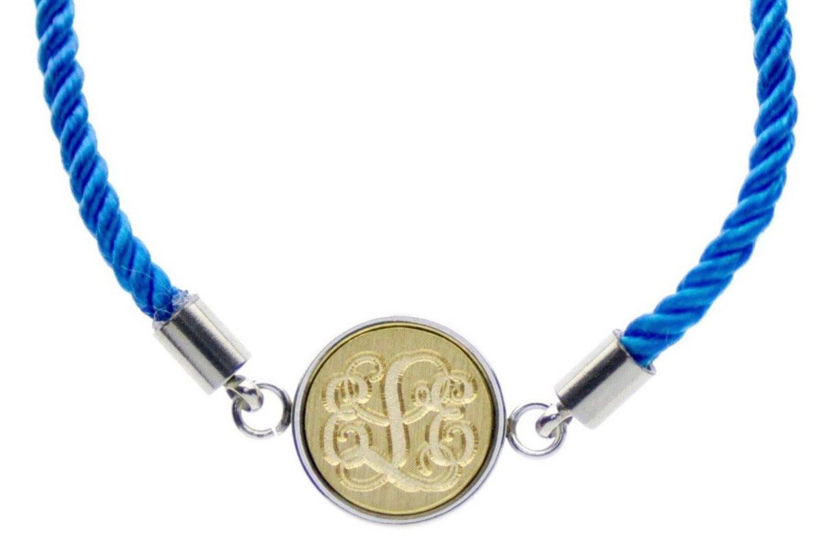 Vine Triple Initials Monogram Signet Bracelet - Backtozero B20 - 10mm, 12mm, 3 initials, 3initials, adjustable, blue, bracelet, brass, cord, cord bracelet, Custom, minimal, monogram, Personalized, signet, signet bracelet, stainless steel, Triple Initials, twist cord