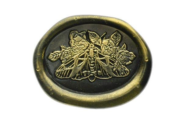 Moth & Flowers Wax Seal Stamp | A - Backtozero B20 - botanic, Botanical, floral, Flower, flowers, gold dust, gold powder, insect, Insects, moth, newarrivals, oval, Signature, signaturehandle