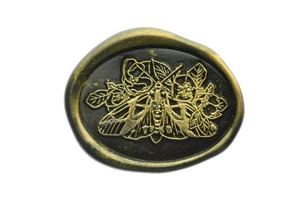 Moth & Flowers Outline Wax Seal Stamp | A - Backtozero B20 - botanic, Botanical, floral, Flower, flowers, gold dust, gold powder, insect, Insects, moth, newarrivals, oval, Signature, signaturehandle