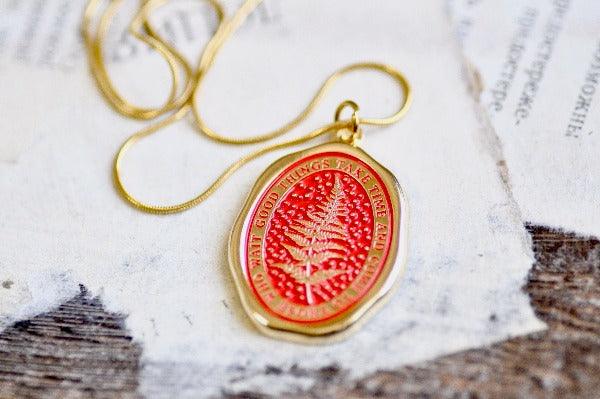 Message Wax Seal Enamel Necklace | Fern | Patience | Gold - Backtozero B20 - botanic, Botanical, Come to those who wait, enamel, fern, Gold, Good things take time, her, lapel, metal, Nature, necklace, newarrivals, Plant, plants, soft enamel, starry, wax seal
