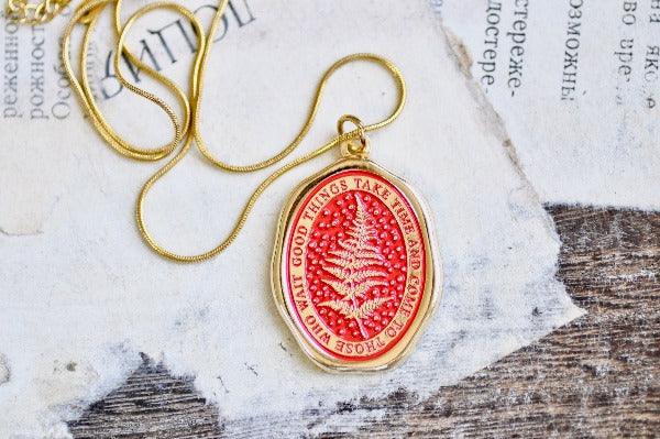 Message Wax Seal Enamel Necklace | Fern | Patience | Gold - Backtozero B20 - botanic, Botanical, Come to those who wait, enamel, fern, Gold, Good things take time, her, lapel, metal, Nature, necklace, newarrivals, Plant, plants, soft enamel, starry, wax seal
