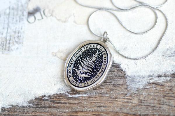 Message Wax Seal Enamel Necklace | Fern | Patience | Silver - Backtozero B20 - botanic, Botanical, Come to those who wait, enamel, fern, Good things take time, her, lapel, metal, Nature, necklace, newarrivals, Plant, plants, Silver, soft enamel, starry, wax seal