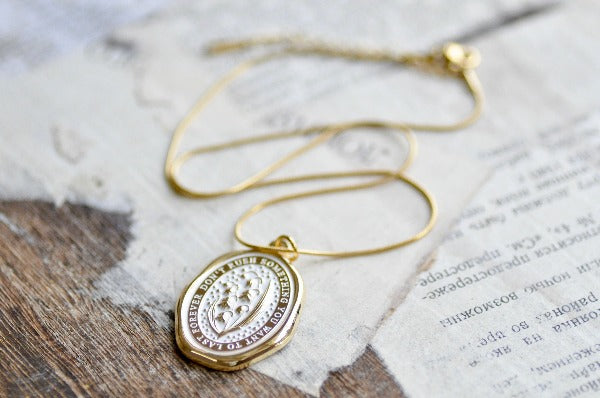 Message Wax Seal Enamel Necklace | Lily of the Valley | Gold - Backtozero B20 - botanic, Botanical, Come to those who wait, enamel, Flower, Gold, her, lapel, lily of the valley, metal, Nature, necklace, Plant, plants, soft enamel, starry, wax seal