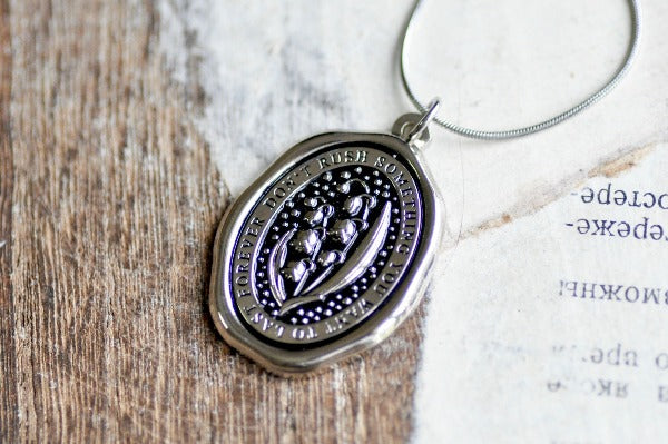 Message Wax Seal Enamel Necklace | Lily of the Valley | Silver - Backtozero B20 - botanic, Botanical, Come to those who wait, enamel, Flower, her, lapel, lily of the valley, metal, Nature, necklace, Plant, plants, Silver, soft enamel, starry, wax seal