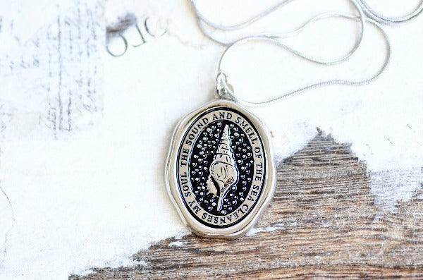 Message Wax Seal Enamel Necklace | Seashell | Soul | Silver - Backtozero B20 - cleanses, enamel, her, lapel, metal, Nautical, necklace, newarrivals, ocean, pendant, sea, seashell, shell, Silver, soft enamel, soul, starry