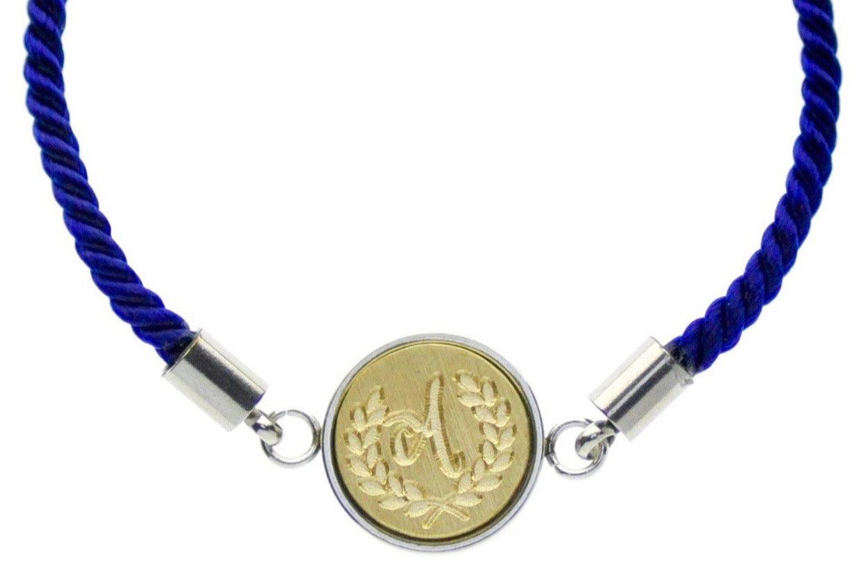 Laurel Wreath Initial Signet Bracelet - Backtozero B20 - 1 initial, 10mm, 12mm, 1initial, adjustable, blue, bracelet, brass, cord, cord bracelet, Custom, minimal, One Initial, Personalized, royal blue, signet, signet bracelet, stainless steel, twist cord