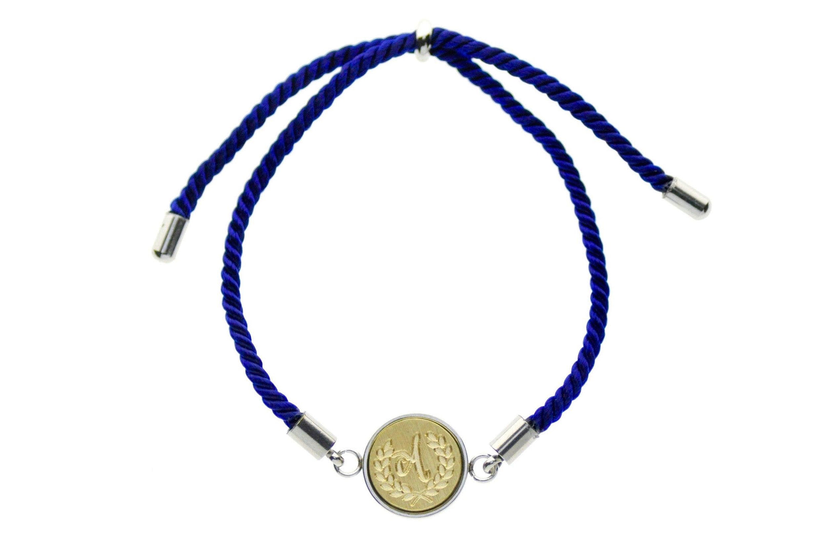 Laurel Wreath Initial Signet Bracelet - Backtozero B20 - 1 initial, 10mm, 12mm, 1initial, adjustable, blue, bracelet, brass, cord, cord bracelet, Custom, minimal, One Initial, Personalized, royal blue, signet, signet bracelet, stainless steel, twist cord