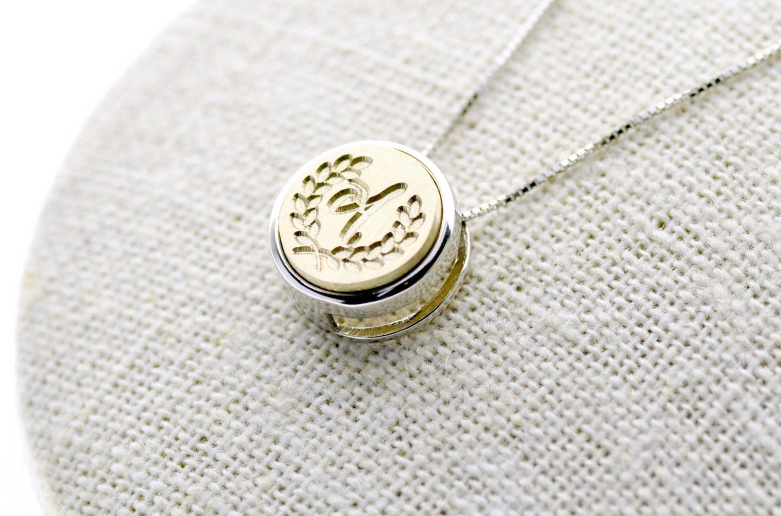 Laurel Wreath Initial Floating Signet Necklace - Backtozero B20 - 1 initial, 12mm, 12mm necklace, 1initial, bead, brass, charm, floating, Leaf, minimal, minimalnecklace, necklace, One Initial, Personalized, signet, signet necklace, silver