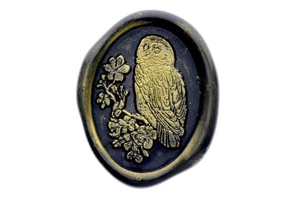 Small Owl Cherry Flowers Wax Seal Stamp - Backtozero B20 - apple flower, black, botanic, Botanical, Flower, flowers, gold, gold dust, gold powder, Leaf, Leafs, Leaves, newarrivals, oval, Signature, signaturehandle, spring