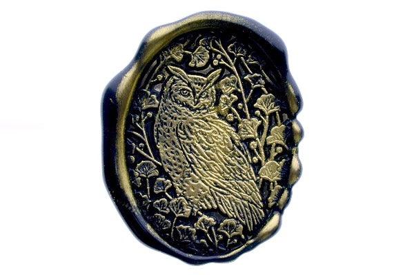 Eagle Owl with Ginkgo Leaves Wax Seal Stamp - Backtozero B20 - black, botanic, Botanical, gold, gold dust, gold powder, Leaf, Leafs, Leaves, newarrivals, oval, Signature, signaturehandle, spring