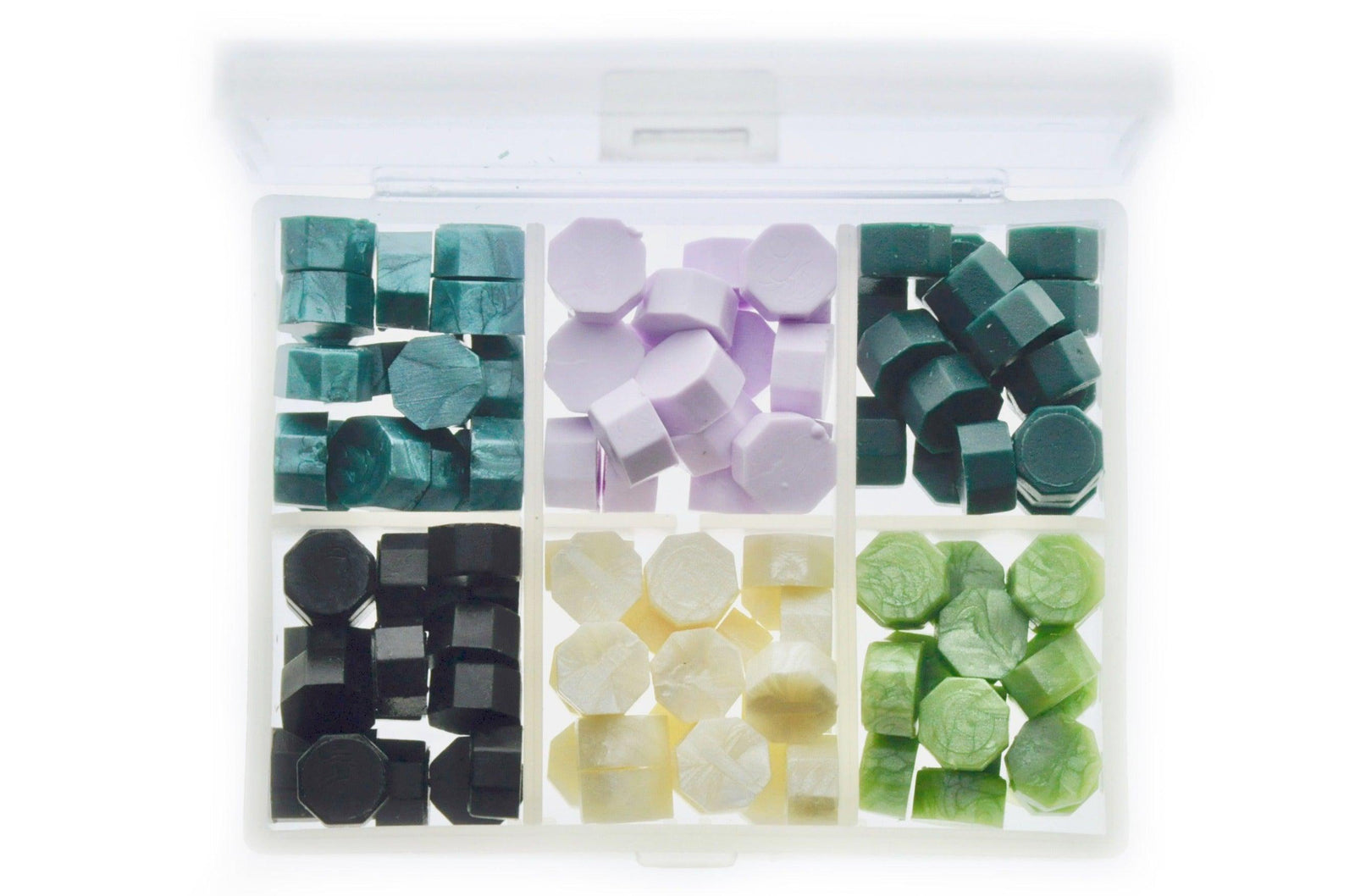 Octagon Sealing Wax Beads Palette | Forest - Backtozero B20 - black, box, forest, green, lavender, nature, octagon bead, palette, purple, sealing wax, Wax Beads, white
