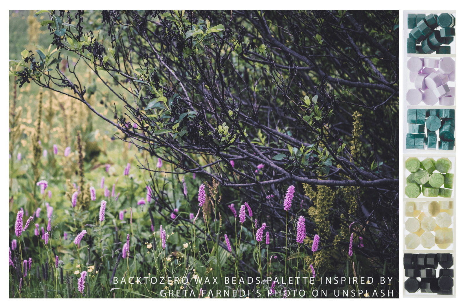 Octagon Sealing Wax Beads Palette | Forest - Backtozero B20 - black, box, forest, green, lavender, nature, octagon bead, palette, purple, sealing wax, Wax Beads, white