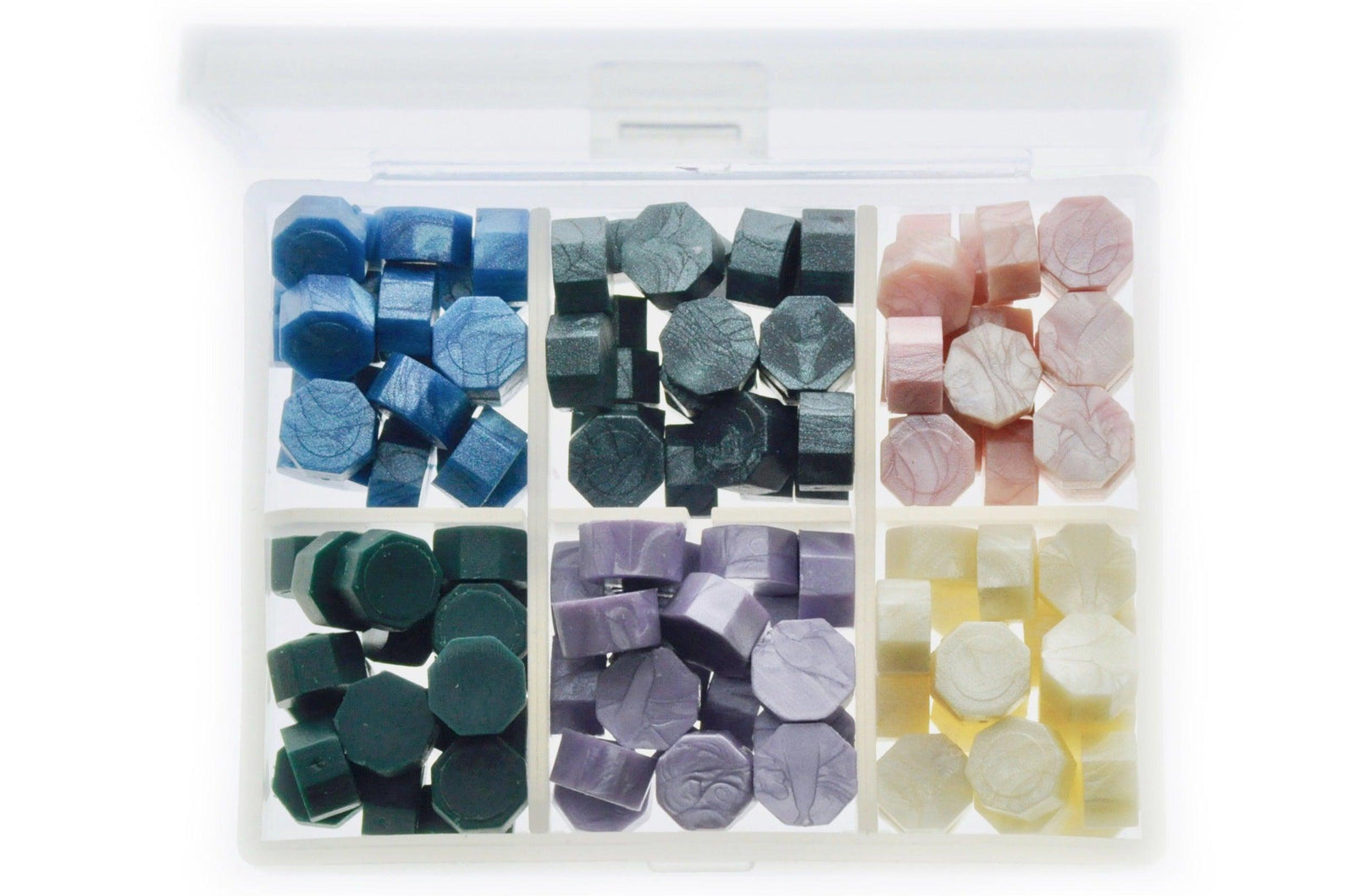 Octagon Sealing Wax Beads Palette | Misty Lake - Backtozero B20 - black, blue, box, forest, green, lake, nature, octagon bead, palette, pink, purple, sealing wax, Wax Beads, white