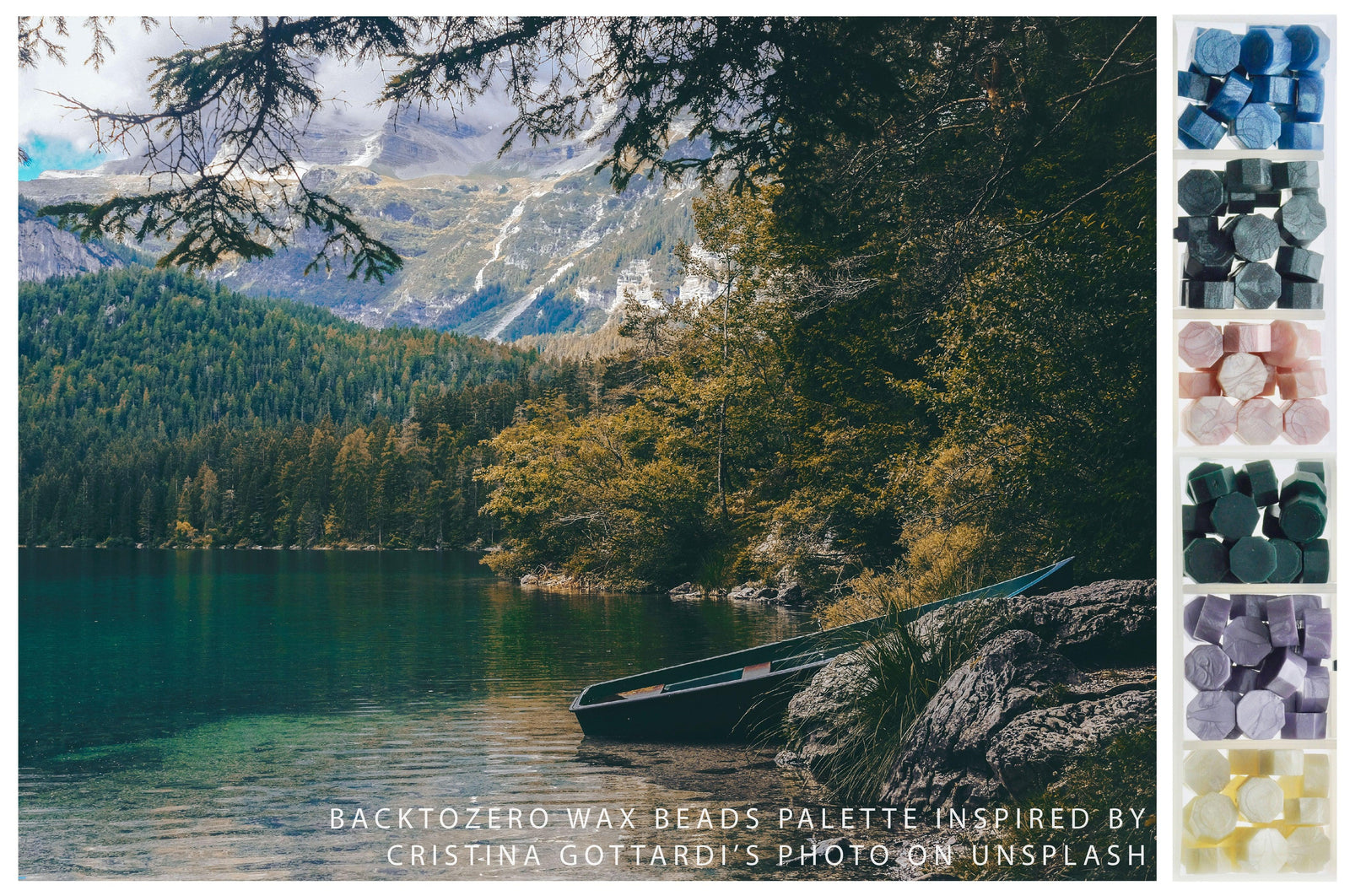 Octagon Sealing Wax Beads Palette | Misty Lake - Backtozero B20 - black, blue, box, forest, green, lake, nature, octagon bead, palette, pink, purple, sealing wax, Wax Beads, white