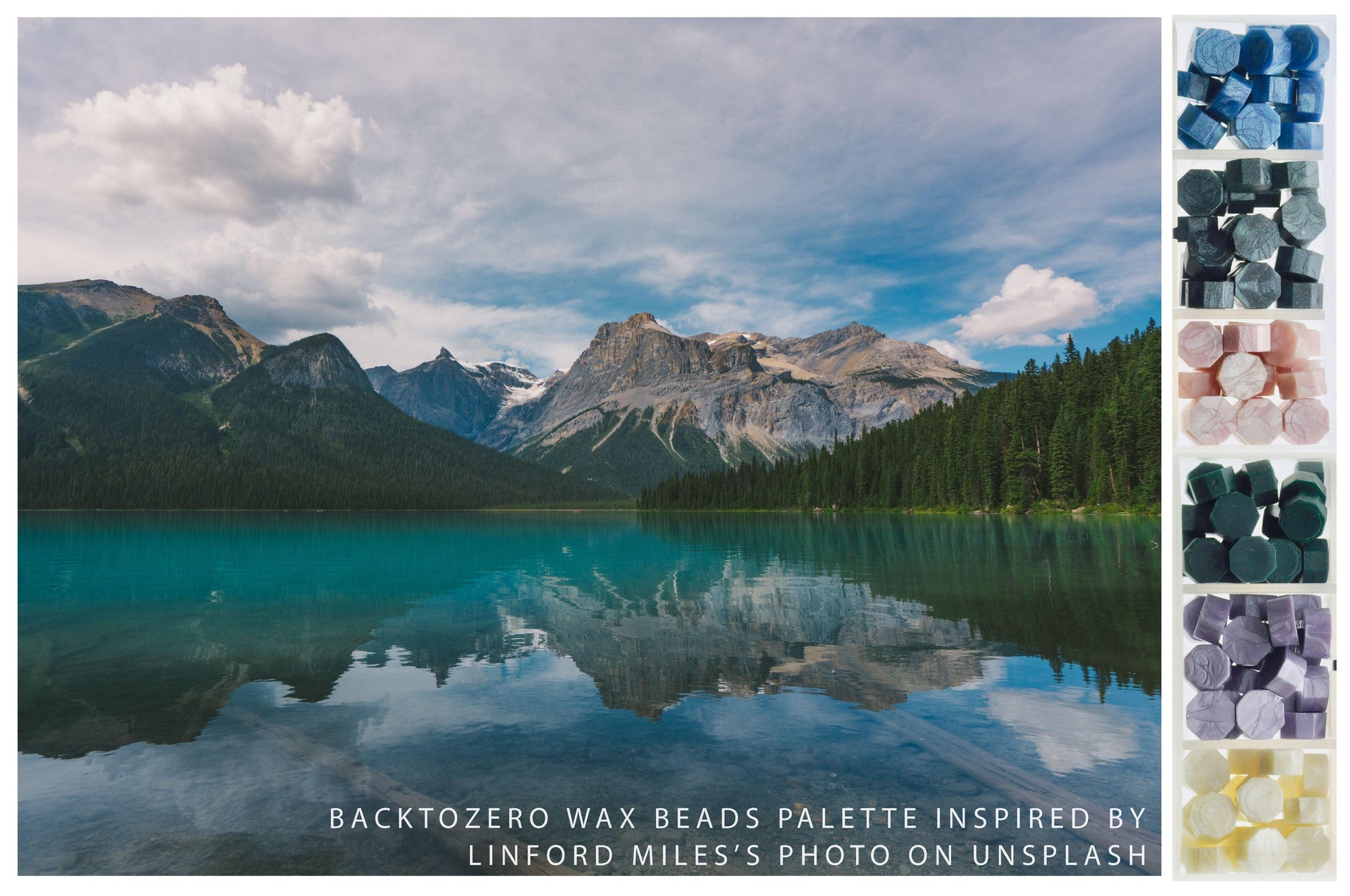 Octagon Sealing Wax Beads Palette | Misty Lake - Backtozero B20 - black, blue, box, forest, green, lake, nature, octagon bead, palette, pink, purple, sealing wax, Wax Beads, white