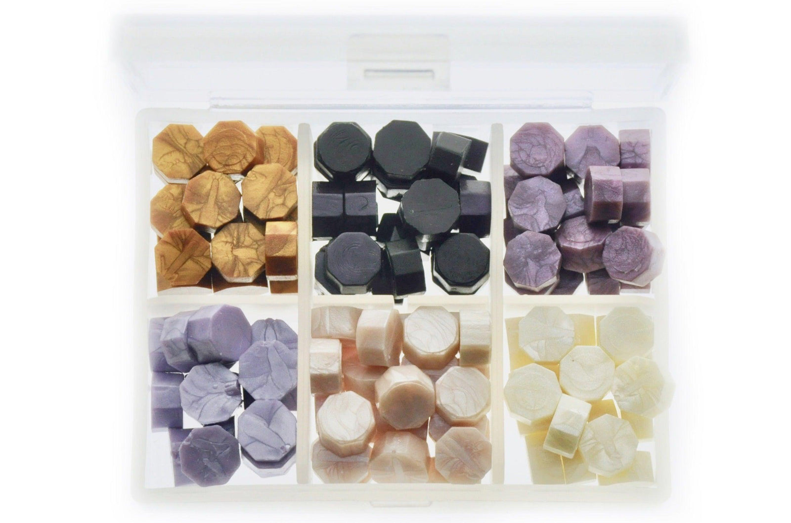 Octagon Sealing Wax Beads Palette | Night's Dream - Backtozero B20 - black, box, gold, nature, octagon bead, palette, pearl white, pink, purple, sealing wax, Wax Beads, White