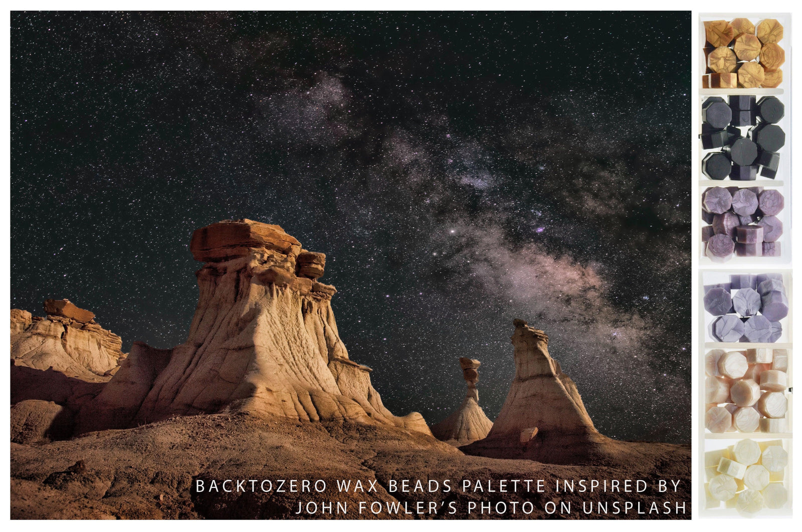 Octagon Sealing Wax Beads Palette | Night's Dream - Backtozero B20 - black, box, gold, nature, octagon bead, palette, pearl white, pink, purple, sealing wax, Wax Beads, White