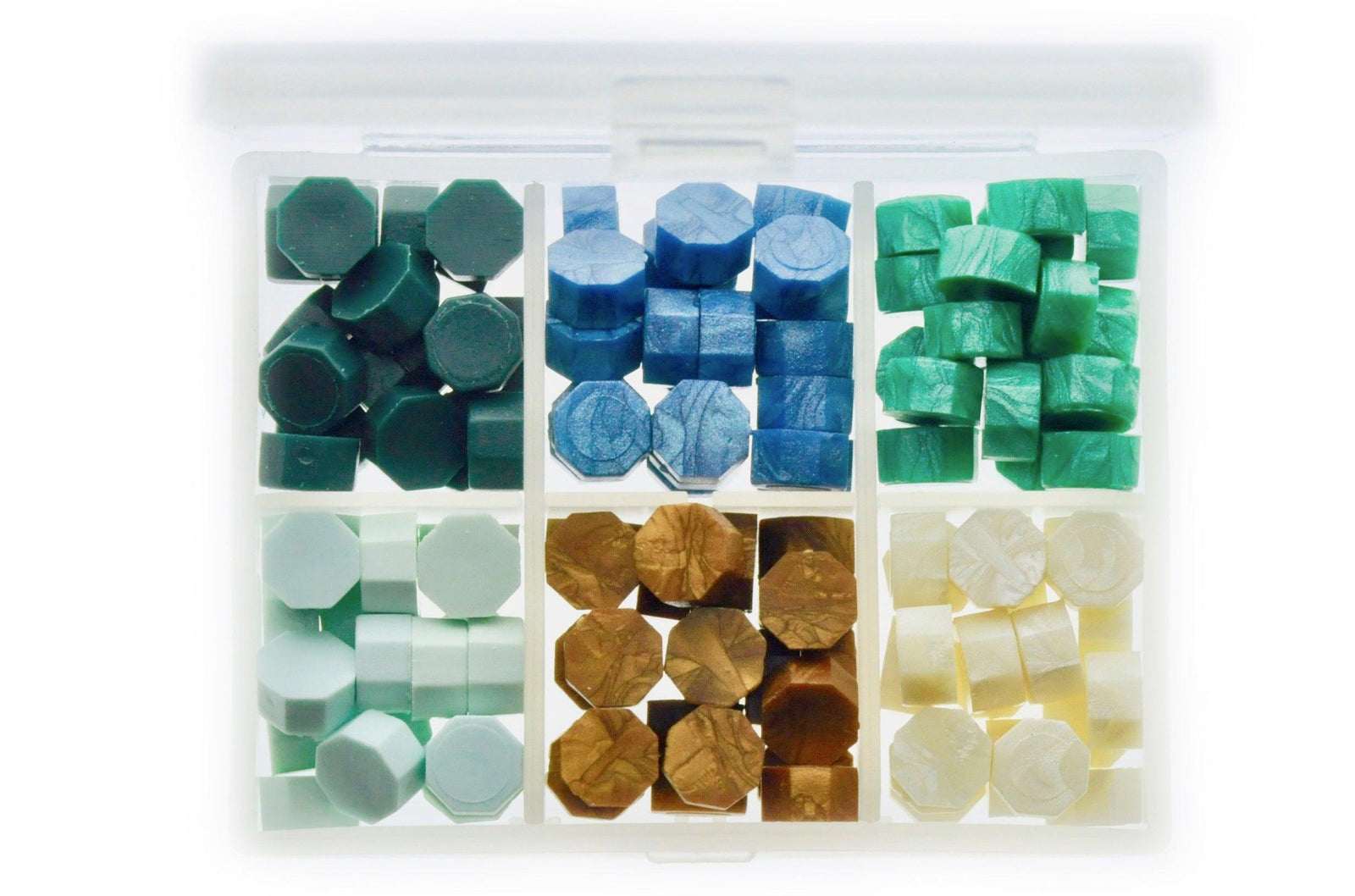 Octagon Sealing Wax Beads Palette | Sea Breeze - Backtozero B20 - beach, blue, box, gold, green, nature, ocean, octagon bead, palette, pearl white, sea, sealing wax, Wax Beads, White