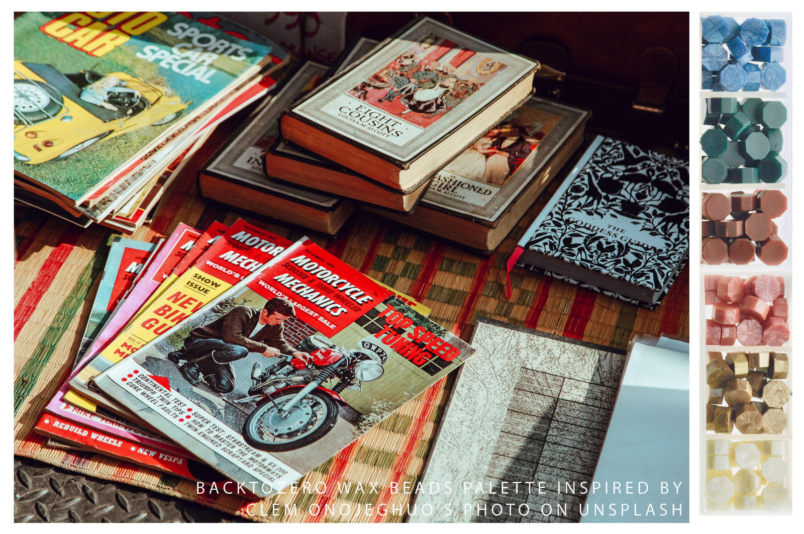 Octagon Sealing Wax Beads Palette | Retro - Backtozero B20 - blue, box, gold, green, octagon bead, palette, pearl white, red, retro, sealing wax, vintage, Wax Beads, White